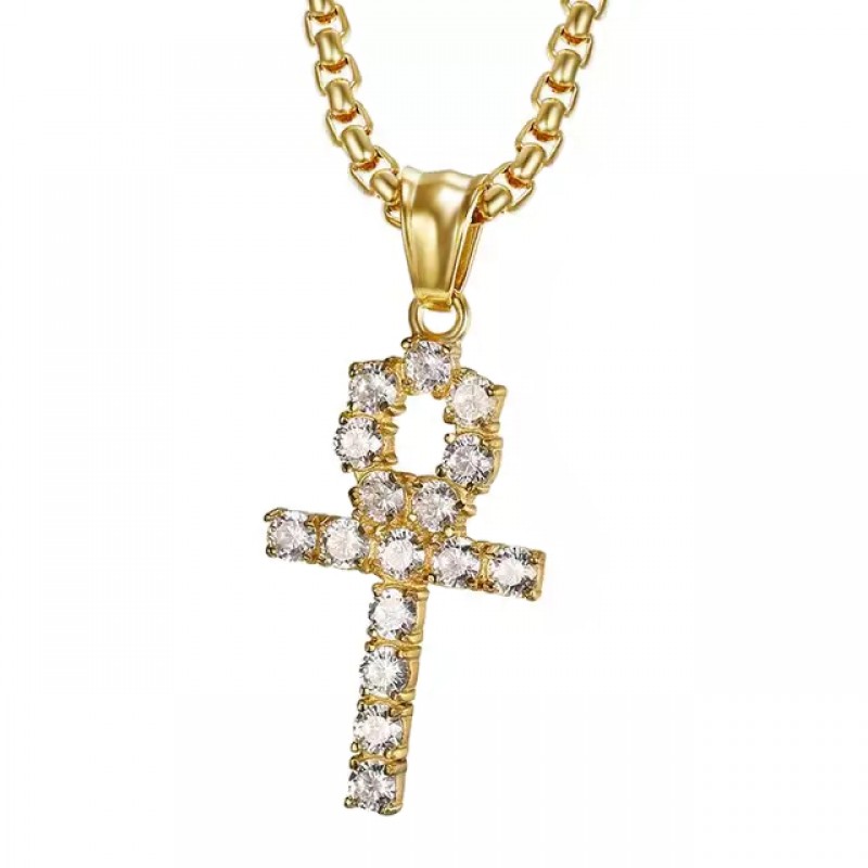pandantiv auriu unisex pentru barbati si femei tip medalion cruce egipteana Ankh din otel incrustat cu cristale semipretioase din zircon CZ