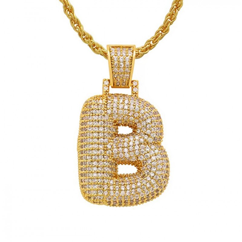 pandantiv auriu unisex pentru barbati si femei tip medalion initiala nume litera B incrustat cu cristale semipretioase din zircon CZ