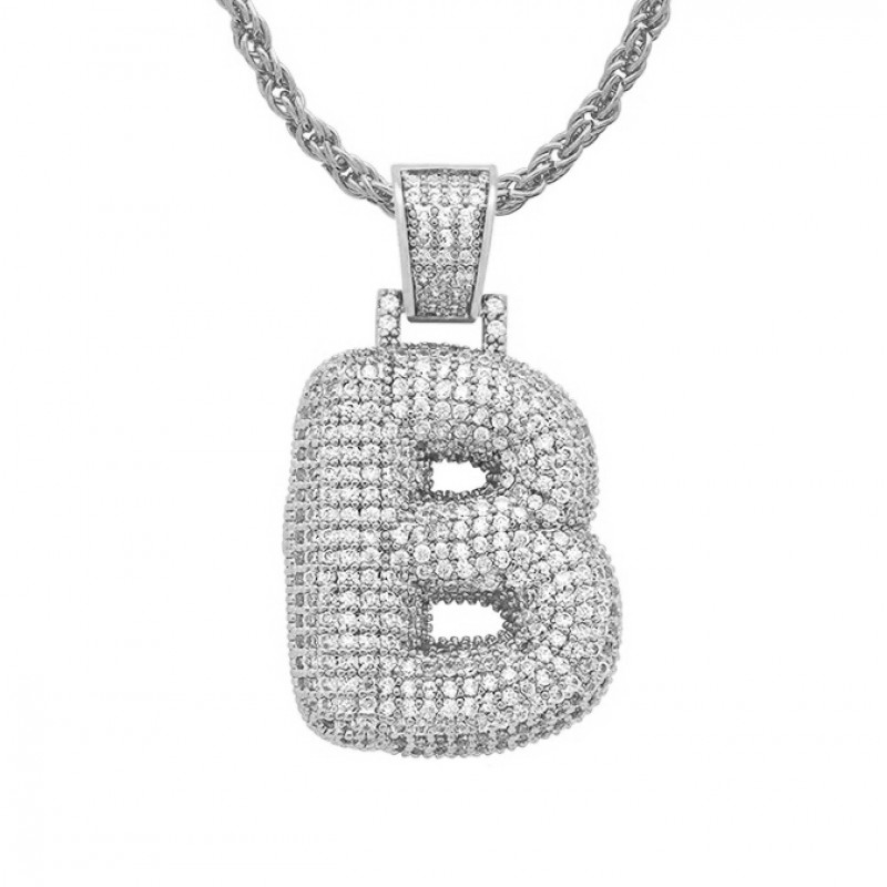 pandantiv argintiu unisex pentru barbati si femei tip medalion initiala nume litera B incrustat cu cristale semipretioase din zircon CZ