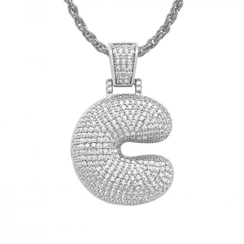 pandantiv argintiu unisex pentru barbati si femei tip medalion initiala nume litera C incrustat cu cristale semipretioase din zircon CZ
