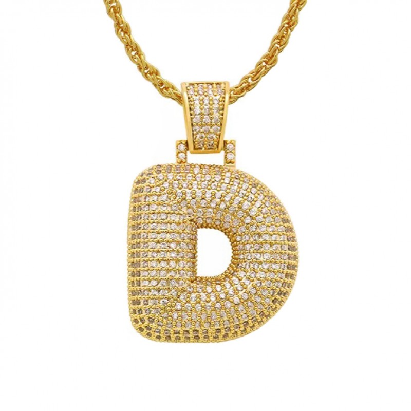 pandantiv auriu unisex pentru barbati si femei tip medalion initiala nume litera D incrustat cu cristale semipretioase din zircon CZ