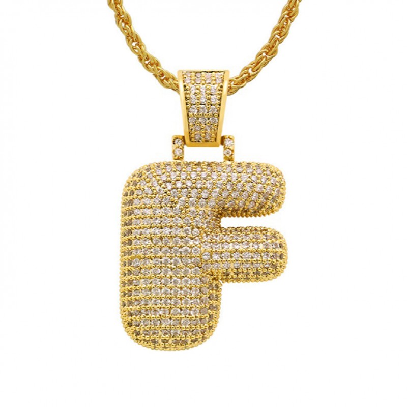 pandantiv auriu unisex pentru barbati si femei tip medalion initiala nume litera F incrustat cu cristale semipretioase din zircon CZ