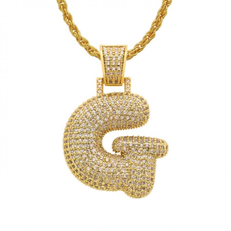 pandantiv auriu unisex pentru barbati si femei tip medalion initiala nume litera G incrustat cu cristale semipretioase din zircon CZ