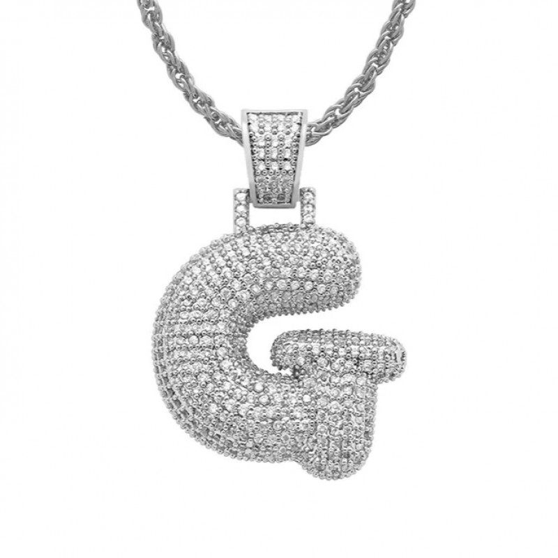 pandantiv argintiu unisex pentru barbati si femei tip medalion initiala nume litera G incrustat cu cristale semipretioase din zircon CZ
