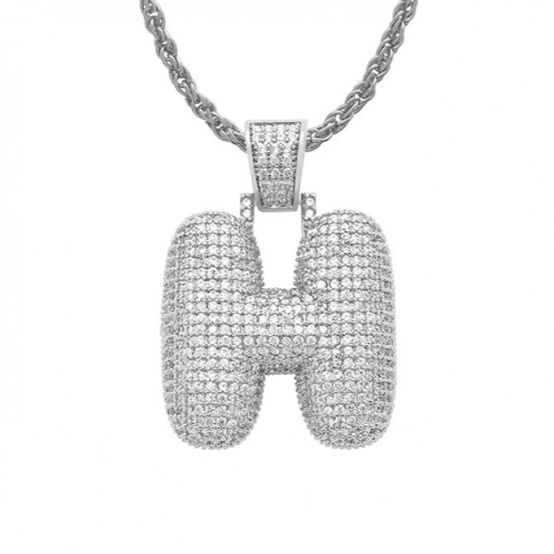 pandantiv argintiu unisex pentru barbati si femei tip medalion initiala nume litera H incrustat cu cristale semipretioase din zircon CZ