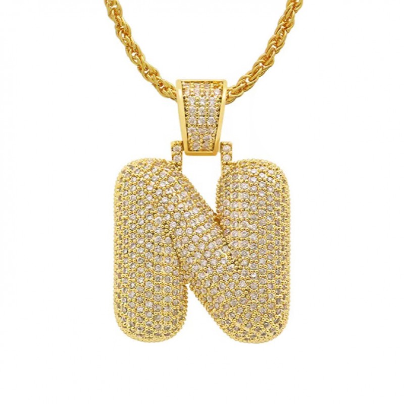 pandantiv auriu unisex pentru barbati si femei tip medalion initiala nume litera N incrustat cu cristale semipretioase din zircon CZ