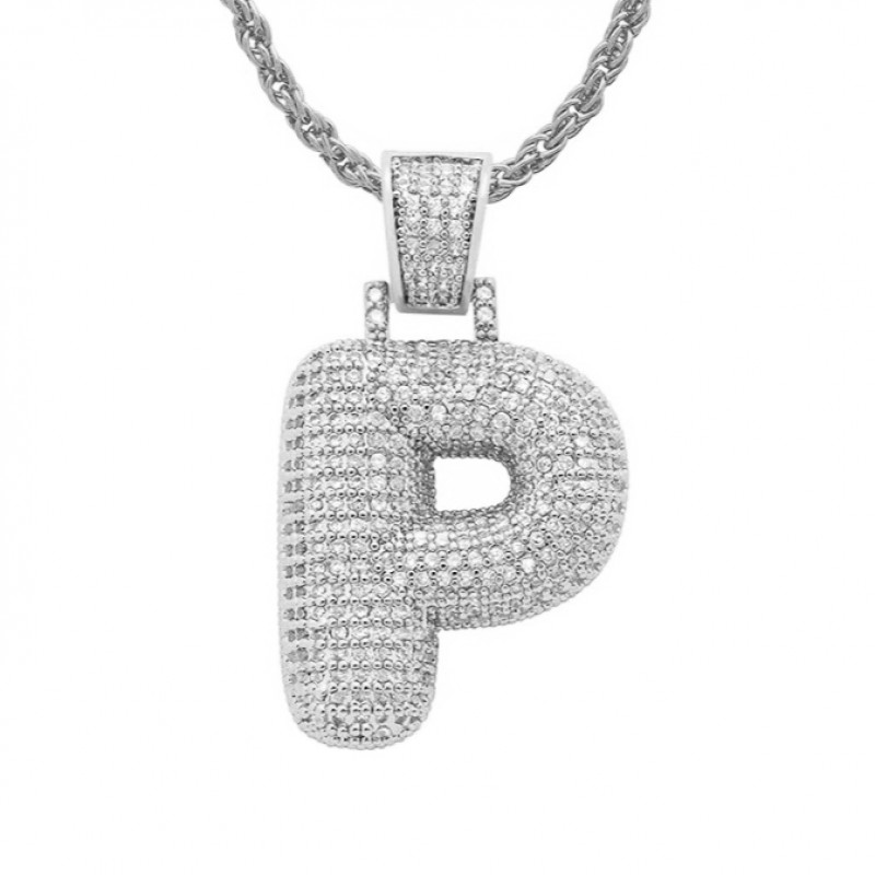 pandantiv argintiu unisex pentru barbati si femei tip medalion initiala nume litera P incrustat cu cristale semipretioase din zircon CZ