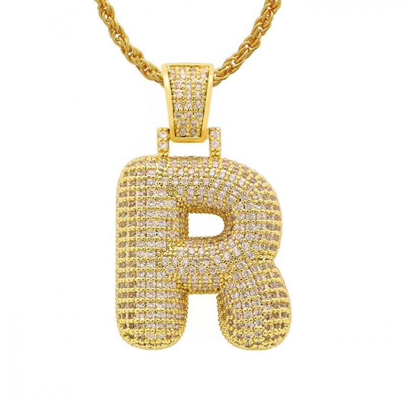 pandantiv auriu unisex pentru barbati si femei tip medalion initiala nume litera R incrustat cu cristale semipretioase din zircon CZ