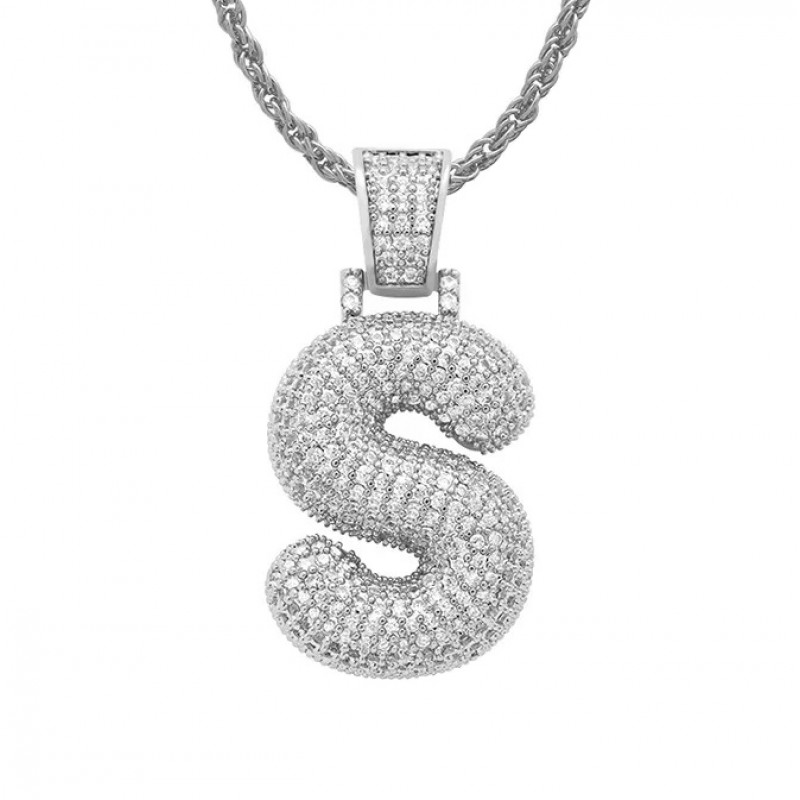 pandantiv argintiu unisex pentru barbati si femei tip medalion initiala nume litera S incrustat cu cristale semipretioase din zircon CZ