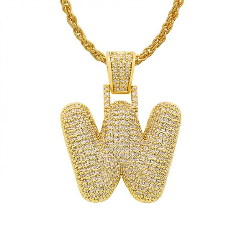 pandantiv auriu unisex pentru barbati si femei tip medalion initiala nume litera W incrustat cu cristale semipretioase din zircon CZ