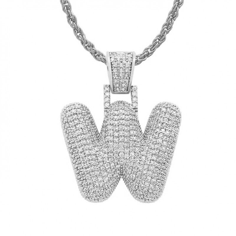 pandantiv argintiu unisex pentru barbati si femei tip medalion initiala nume litera W incrustat cu cristale semipretioase din zircon CZ