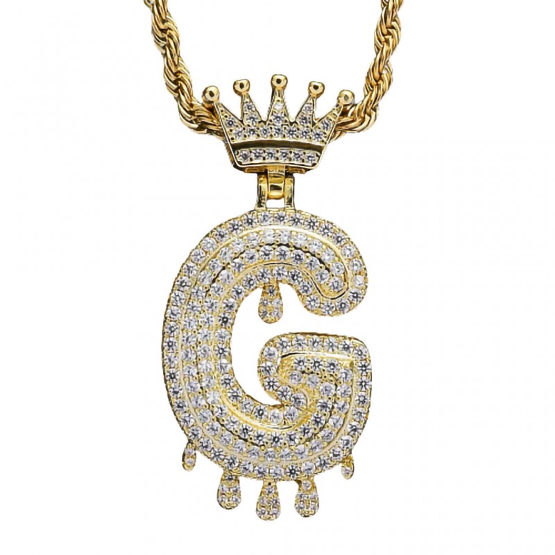 pandantiv auriu unisex pentru barbati si femei tip medalion initiala nume cu coroana litera G incrustat cu cristale semipretioase din zircon CZ