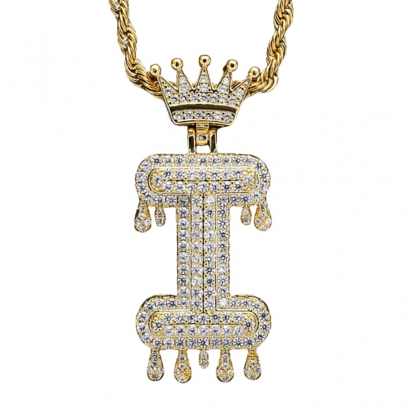 pandantiv auriu unisex pentru barbati si femei tip medalion initiala nume cu coroana litera I incrustat cu cristale semipretioase din zircon CZ