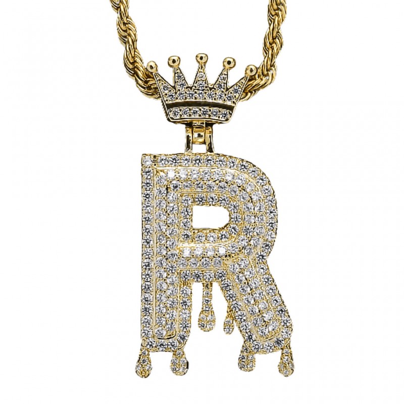 pandantiv auriu unisex pentru barbati si femei tip medalion initiala nume cu coroana litera R incrustat cu cristale semipretioase din zircon CZ