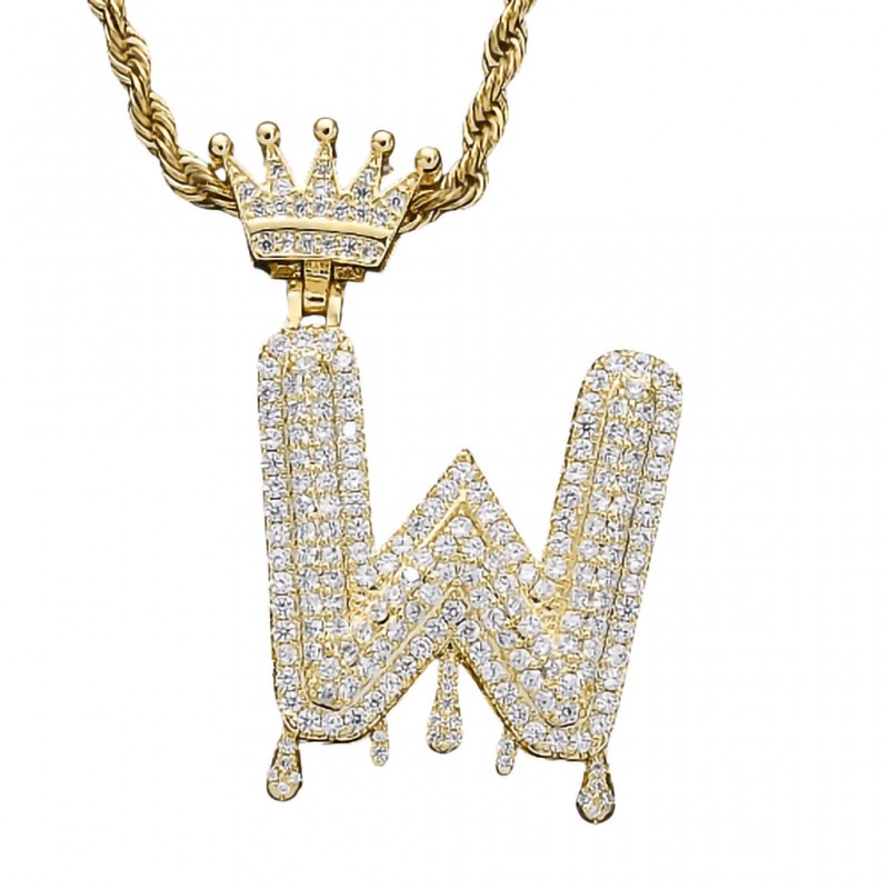 pandantiv auriu unisex pentru barbati si femei tip medalion initiala nume cu coroana litera W incrustat cu cristale semipretioase din zircon CZ