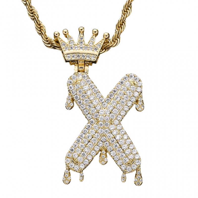 pandantiv auriu unisex pentru barbati si femei tip medalion initiala nume cu coroana litera X incrustat cu cristale semipretioase din zircon CZ