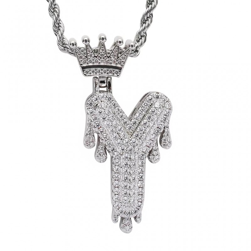 pandantiv argintiu unisex pentru barbati si femei tip medalion initiala nume cu coroana litera Y incrustat cu cristale semipretioase din zircon CZ