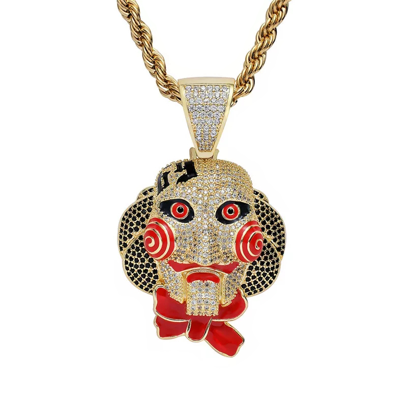 pandantiv auriu unisex pentru barbati si femei tip medalion 6ix9ine masca Jigsaw incrustat cu cristale semipretioase din zircon CZ