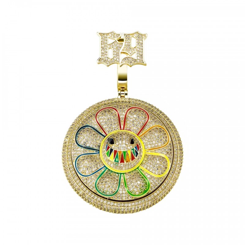 pandantiv auriu unisex pentru barbati si femei tip medalion rotativ 6ix9ine floare colorata incrustat cu cristale semipretioase din zircon CZ