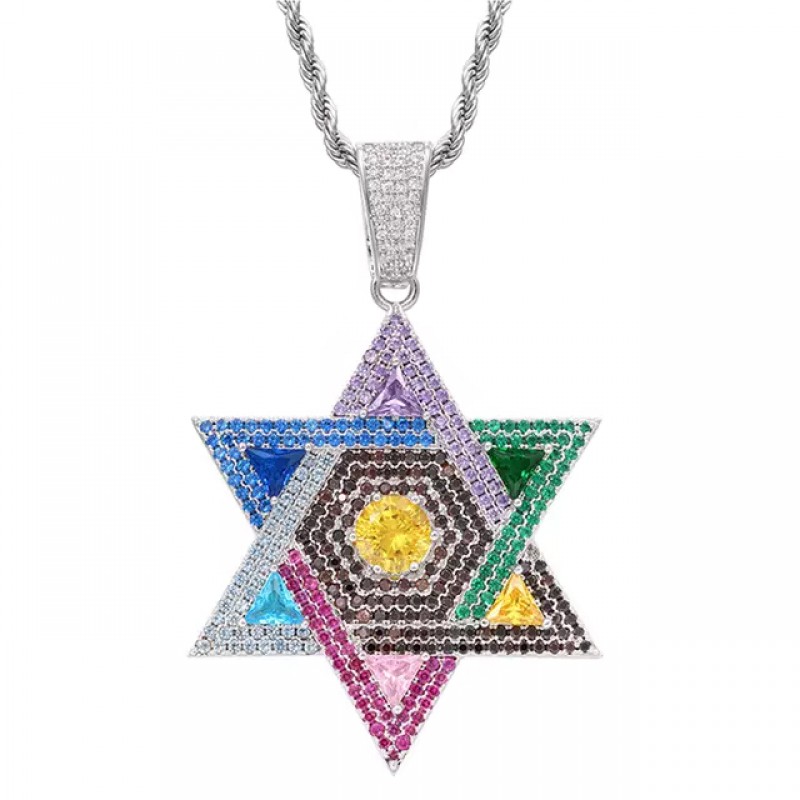 pandantiv argintiu unisex pentru barbati si femei tip medalion Steaua lui David cu cristale colorate semipretioase din zircon CZ
