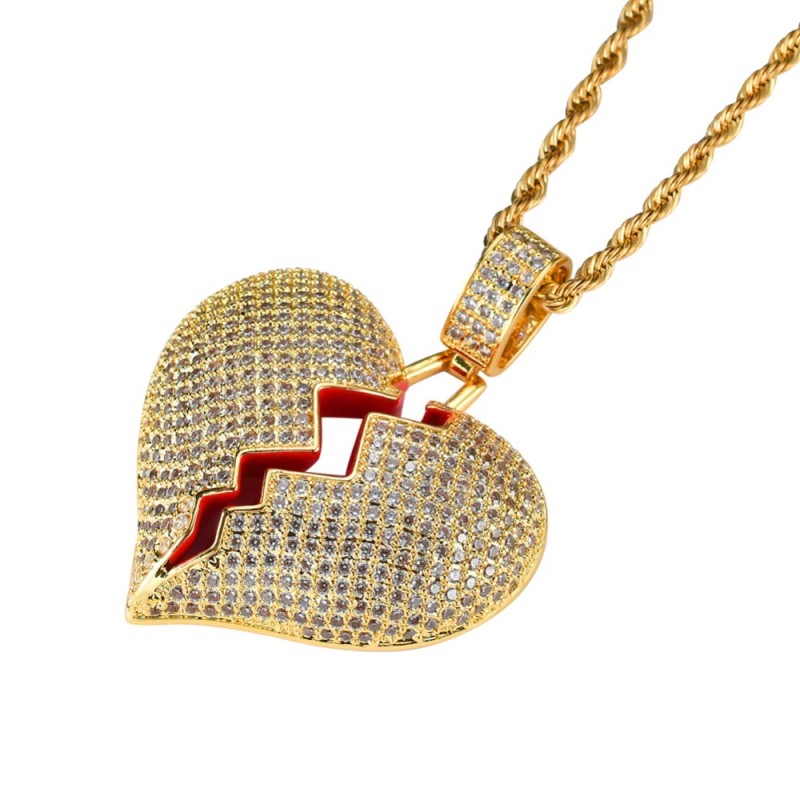 pandantiv auriu unisex pentru barbati si femei tip medalion inima franta incrustat cu cristale semipretioase din zircon CZ