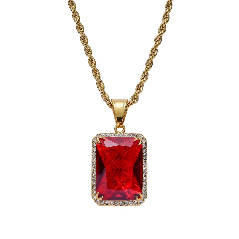 pandantiv auriu unisex pentru barbati si femei tip medalion masiv rubin rosu din otel incrustat cu cristale semipretioase din zircon CZ