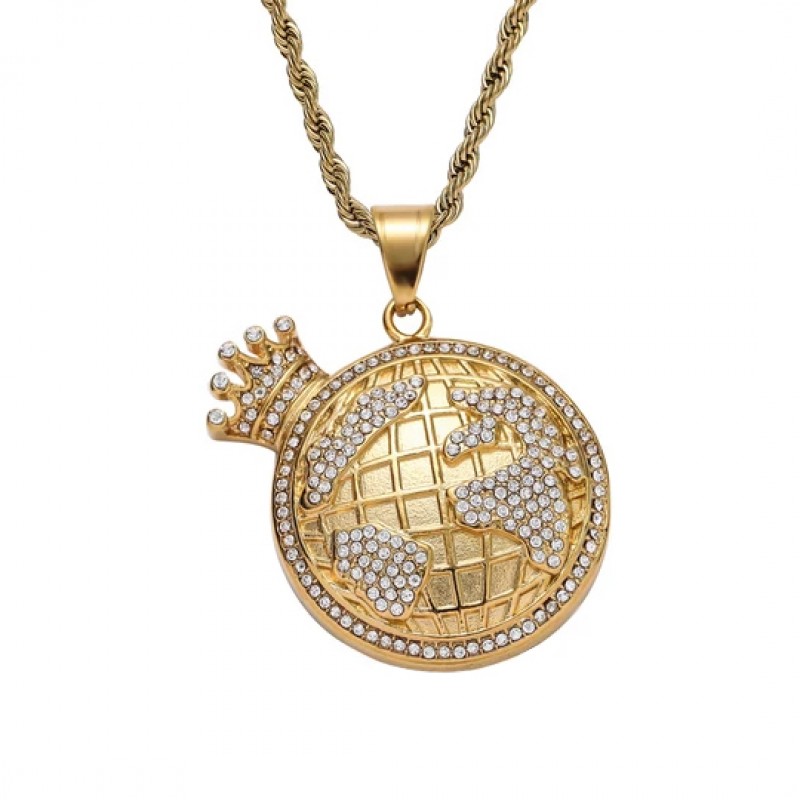 pandantiv auriu unisex pentru barbati si femei tip medalion planeta Terra cu coroana din otel inoxidabil