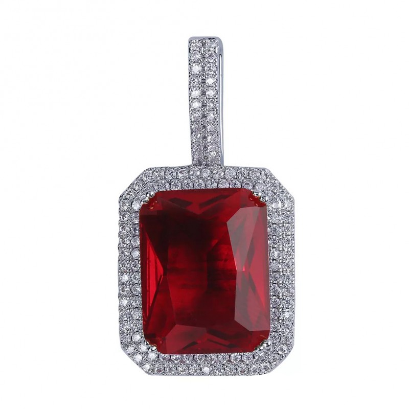 pandantiv argintiu unisex pentru barbati si femei tip medalion rubin rosu incrustat cu cristale semipretioase din zircon CZ