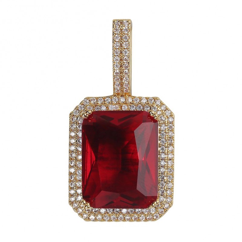pandantiv auriu unisex pentru barbati si femei tip medalion rubin rosu incrustat cu cristale semipretioase din zircon CZ