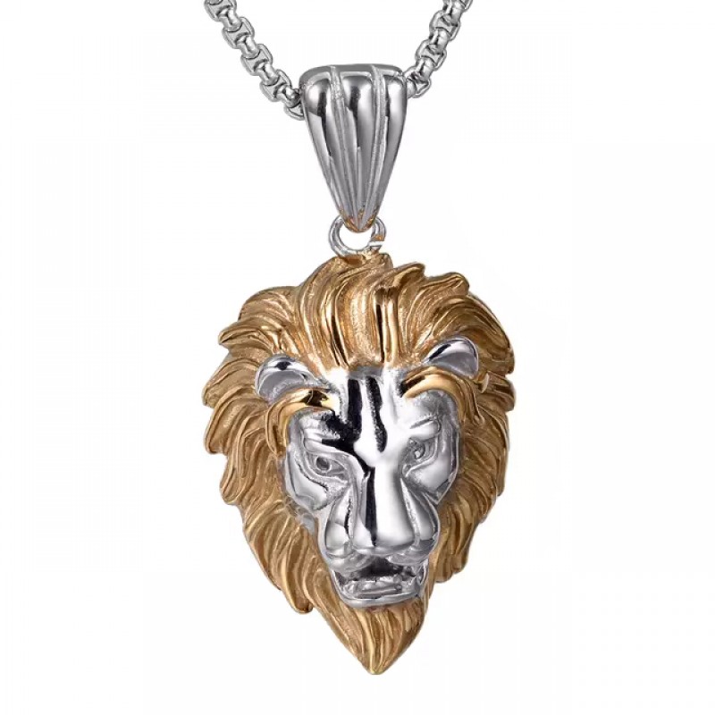 pandantiv argintiu si auriu unisex pentru barbati si femei tip medalion cap de leu din otel inoxidabil