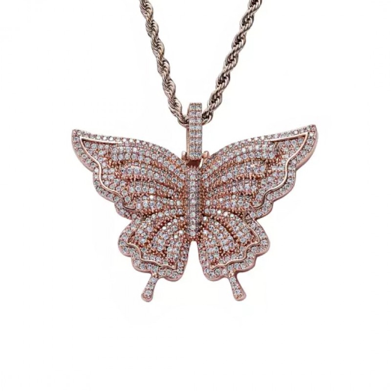 pandantiv auriu rose pentru femei tip medalion fluture incrustat cu cristale semipretioase din zircon CZ