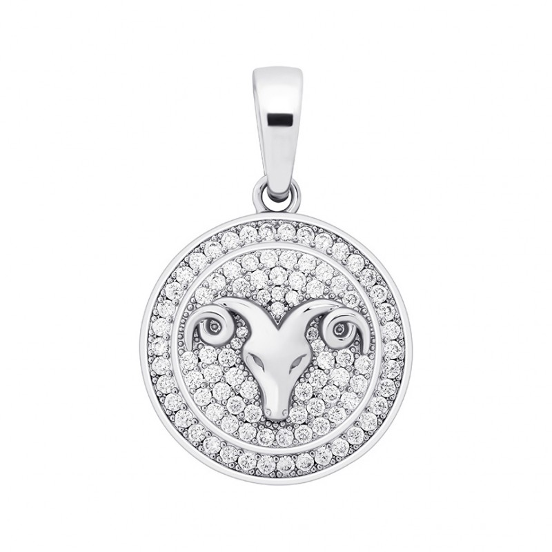 pandantiv argintiu unisex pentru barbati si femei tip medalion zodiac zodia berbec incrustat cu cristale semipretioase din zircon CZ