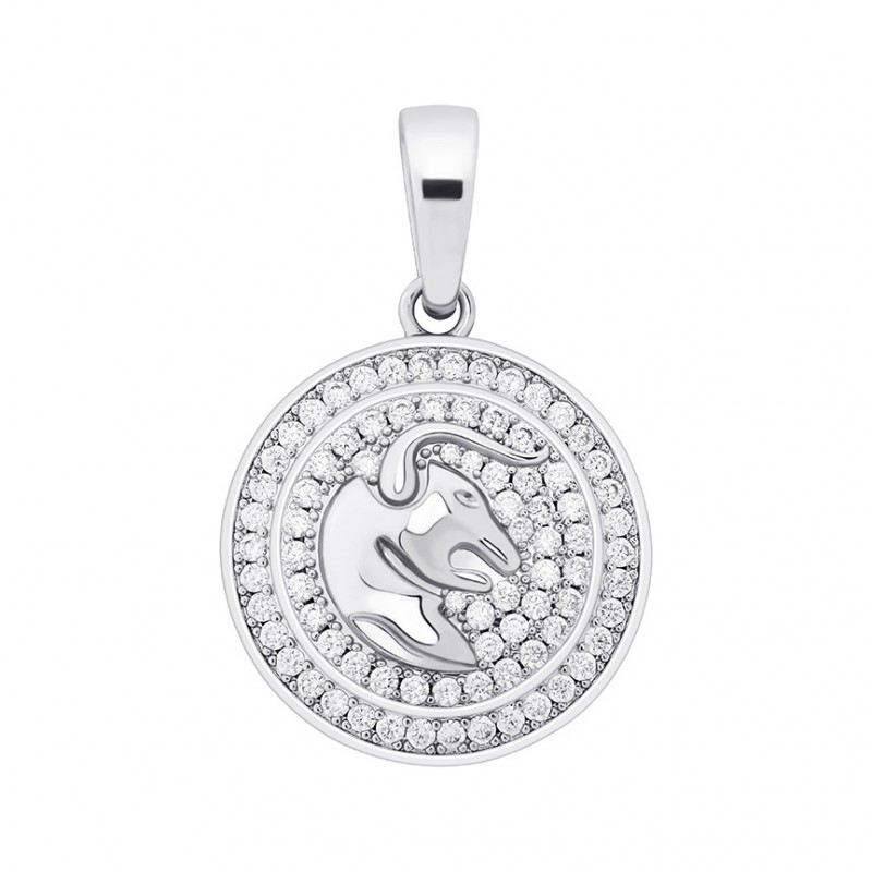 pandantiv argintiu unisex pentru barbati si femei tip medalion zodiac zodia taur incrustat cu cristale semipretioase din zircon CZ