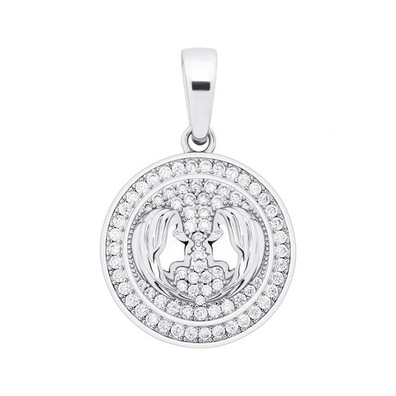 pandantiv argintiu unisex pentru barbati si femei tip medalion zodiac zodia gemeni incrustat cu cristale semipretioase din zircon CZ