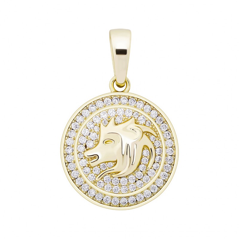 pandantiv auriu unisex pentru barbati si femei tip medalion zodiac zodia leu incrustat cu cristale semipretioase din zircon CZ