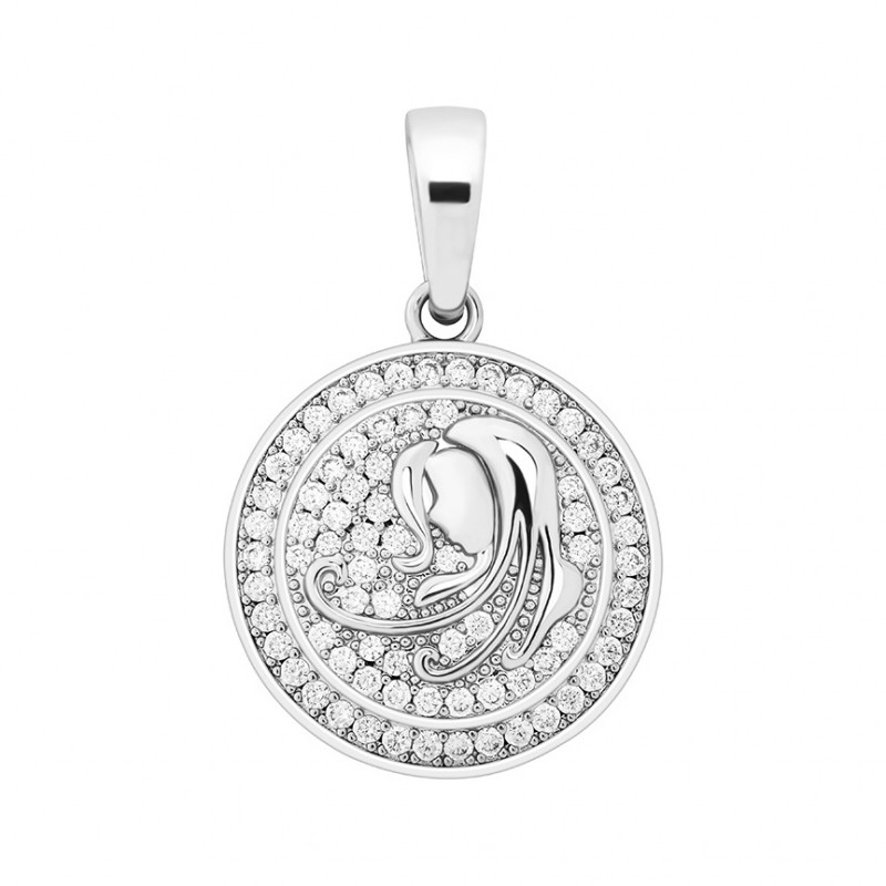 pandantiv argintiu unisex pentru barbati si femei tip medalion zodiac zodia fecioara incrustat cu cristale semipretioase din zircon CZ