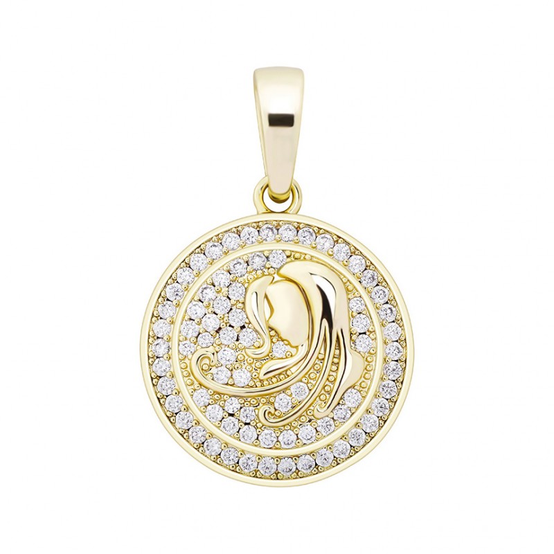 pandantiv auriu unisex pentru barbati si femei tip medalion zodiac zodia fecioara incrustat cu cristale semipretioase din zircon CZ