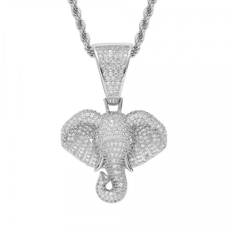 pandantiv argintiu unisex pentru barbati si femei tip medalion elefant incrustat cu cristale semipretioase din zircon CZ