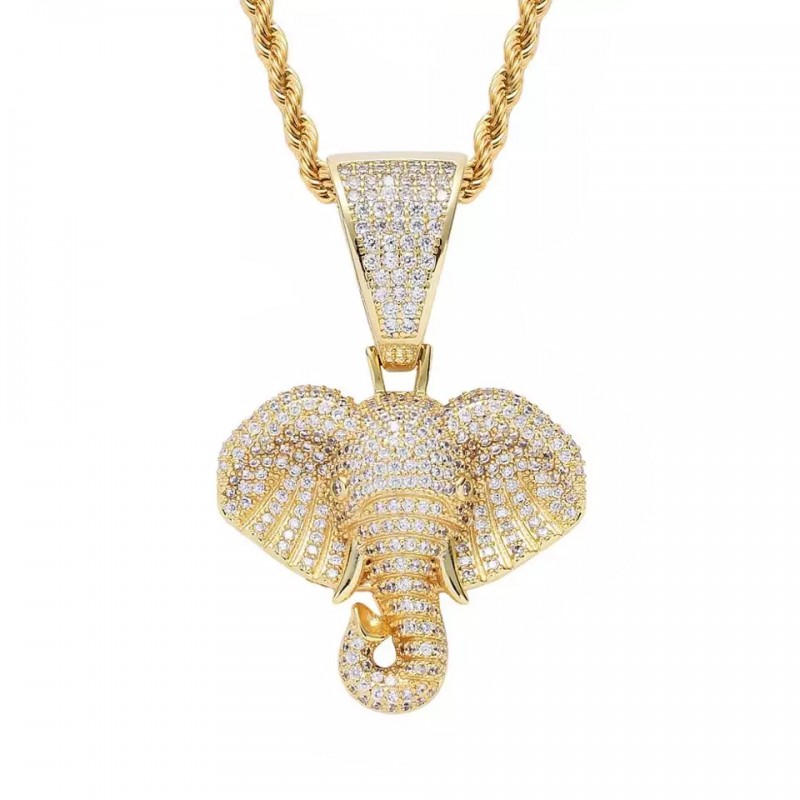 pandantiv auriu unisex pentru barbati si femei tip medalion elefant incrustat cu cristale semipretioase din zircon CZ