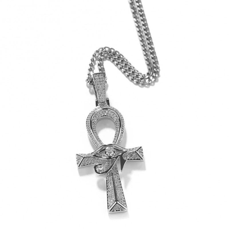 pandantiv argintiu unisex pentru barbati si femei tip medalion cruce egipteana Ankh cu charm ochiul lui Horus incrustat cu cristale semipretioase din zircon CZ
