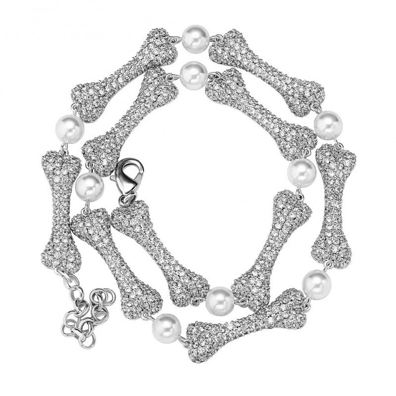 lant ajustabil argintiu unisex pentru barbati si femei model oase cu perle sintetice 11mm. latime incrustat cu cristale semipretioase din zircon CZ