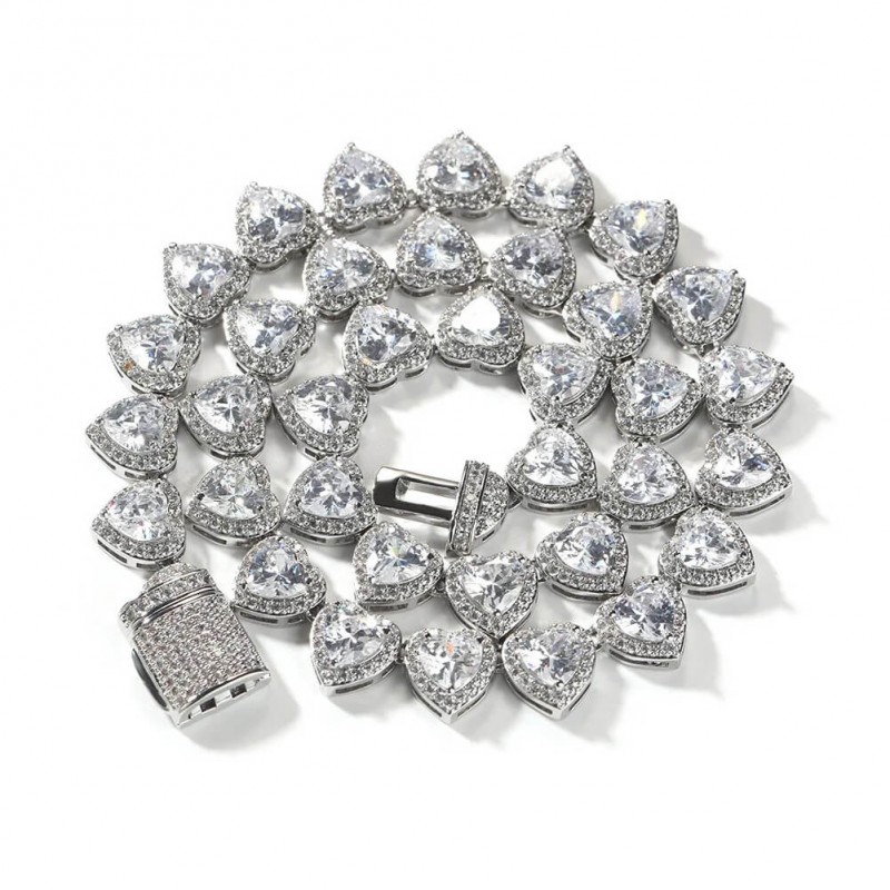 lant argintiu pentru femei tennis 10mm. latime cu cristale tip inima semipretioase din zircon CZ