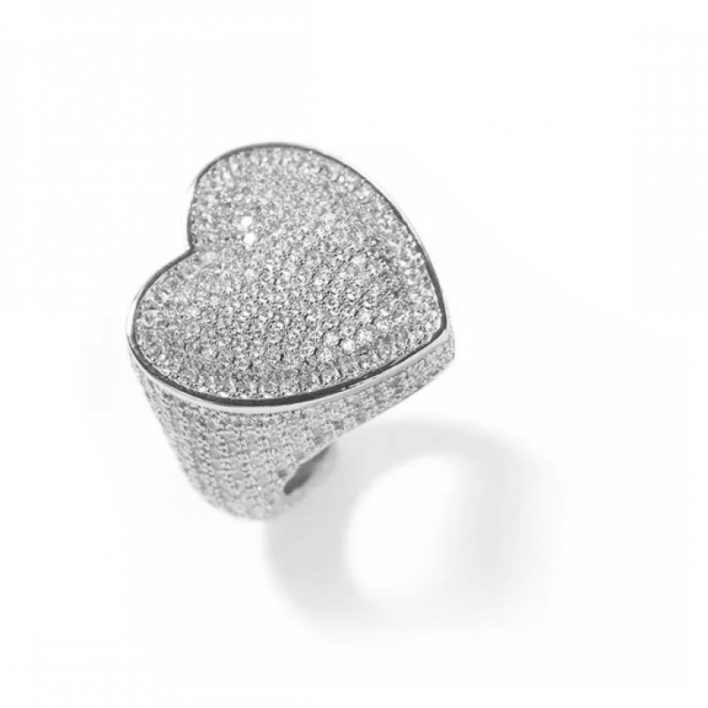 inel argintiu pentru femei tip ghiul masiv inima incrustat cu cristale semipretioase din zircon CZ