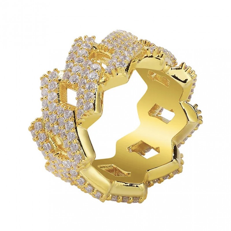 inel auriu unisex pentru barbati si femei tip ghiul cuban Miami 13mm. latime cu cristale semipretioase din zircon CZ