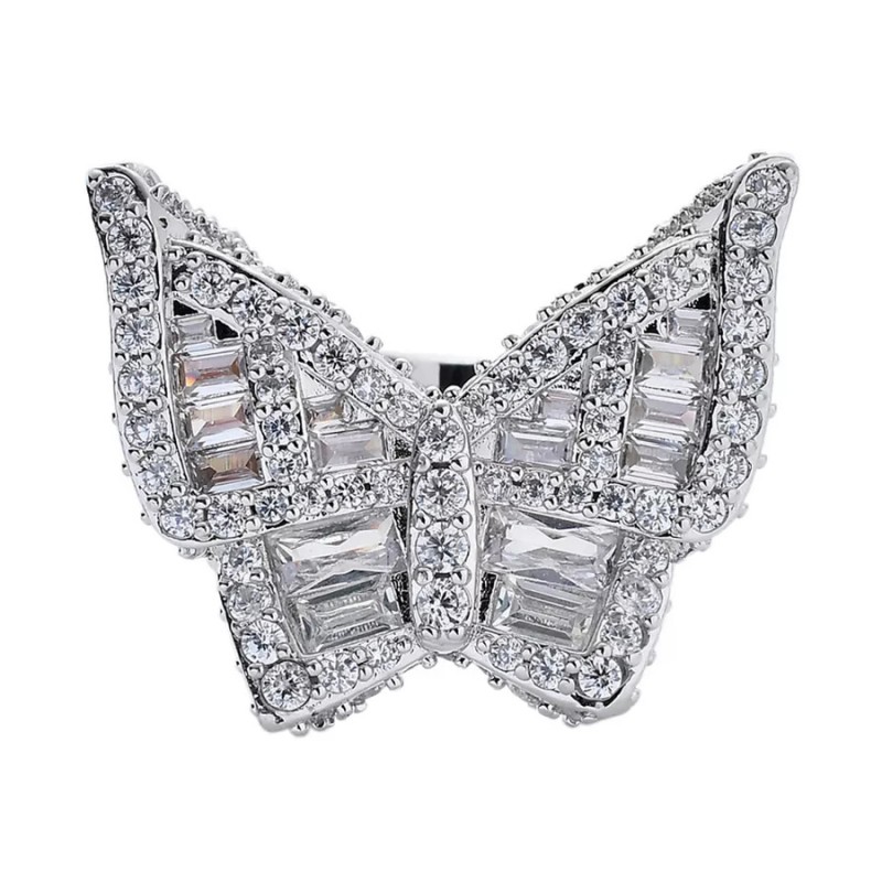 inel argintiu pentru femei tip ghiul fluture incrustat cu cristale tip baguette semipretioase din zircon CZ