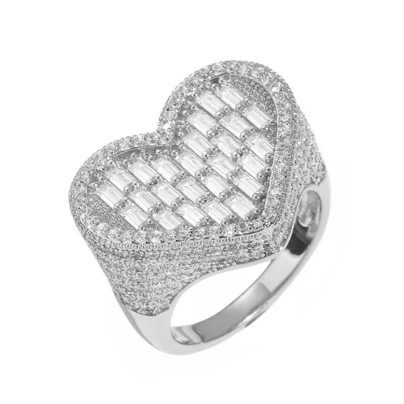 inel argintiu pentru femei tip ghiul inima incrustat cu cristale tip baguette semipretioase din zircon CZ