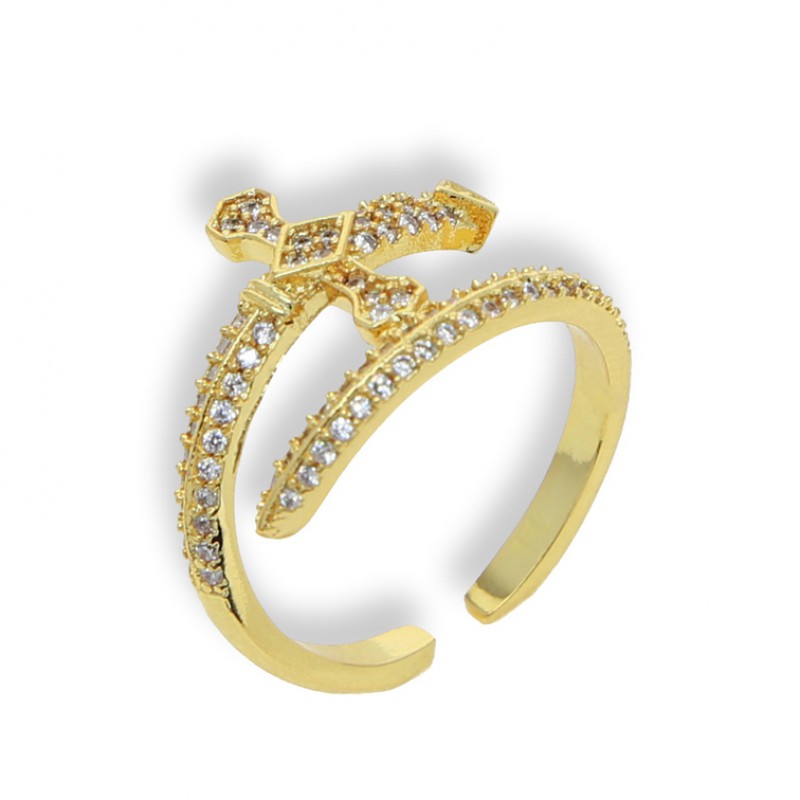 inel ajustabil auriu unisex pentru barbati si femei tip ghiul sabie cruce incrustat cu cristale semipretioase din zircon CZ