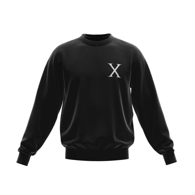 bluza neagra unisex pentru barbati si femei regular fit model SW002 cu logo XARIS alb pe fata si pe spate din bumbac