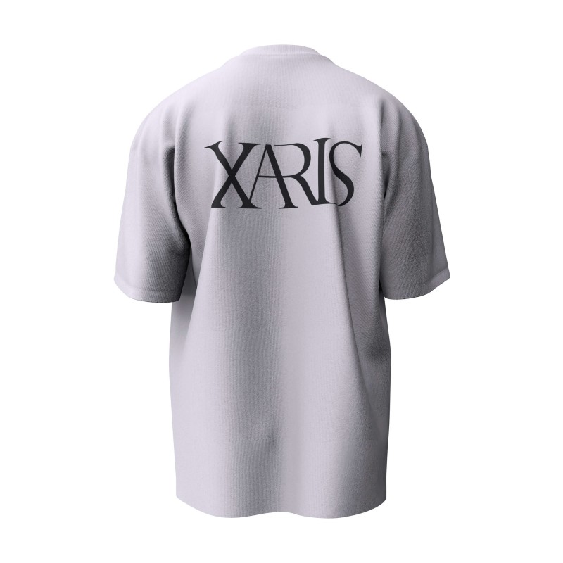 tricou alb unisex pentru barbati si femei regular fit model TS001 cu logo XARIS negru pe fata si pe spate din bumbac
