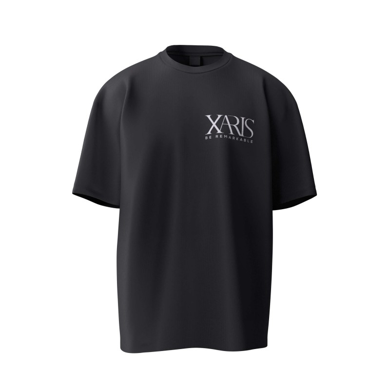 tricou negru unisex pentru barbati si femei regular fit model TS004 cu logo XARIS BE REMARKABLE alb pe fata din bumbac